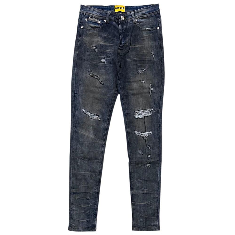 GFTD LA Los Angeles Men's Skinny Fit Jeans Vintage Oil Wash Distressed Rip Denim